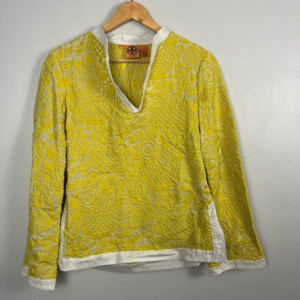 Tory Burch embroidered yellow/gold white tunic top white detailing spring luxury